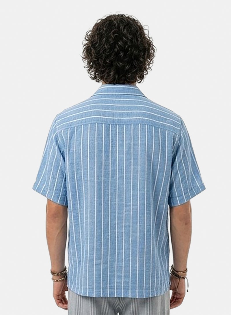 RAVIN Men Blue Striped Relaxed Fit Camp Collar Short Sleeve Shirt - Image 2