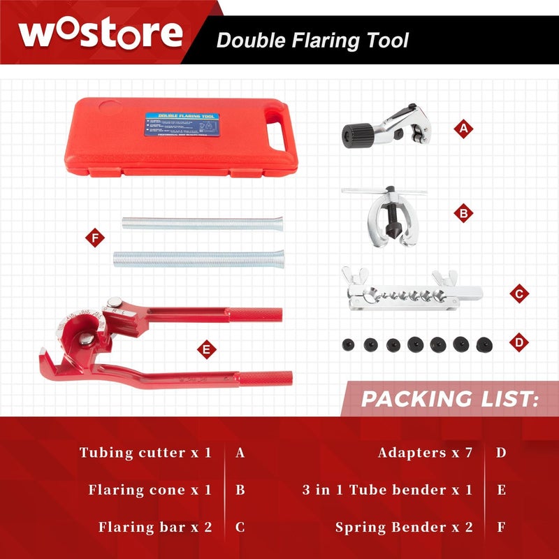 Wostore Double Flaring Tool Kit with Tube Bender 1/4",5/16",3/8" and Spring Bender 1/2",5/8" for Plumbing Copper Brake Line HVAC - Image 2