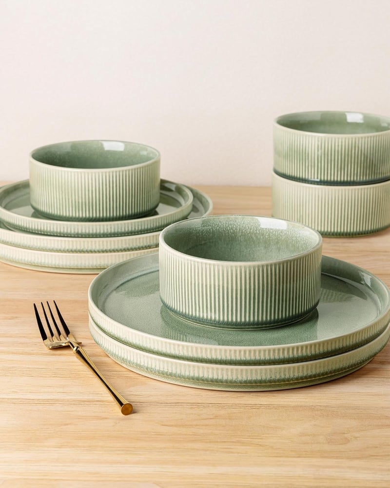 GBhome مجموعة أدوات المائدة من GBHOME من الخزف لعدد 6 أشخاص - أطباق وأوعية سيراميك بتزجيج تفاعلي دائري - مقاومة للتشقق والرقائق - آمنة للغسالة والميكروويف - مجموعة أدوات مائدة لخدمة 6 أشخاص - 18 قطعة - Image 4