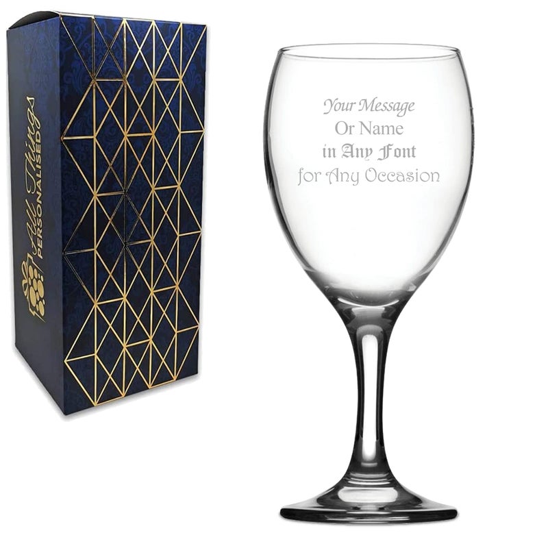 Personalised Engraved Imperial Wine Glass Personalise with Any Message for Any Occasion Stylize with a Variety of Fonts Laser Engraved Gift Box Included