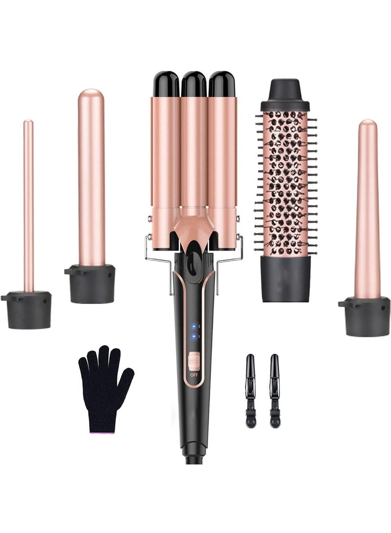 OTTAL 5 in 1 Curling Wand Set, Dual Voltage Curling Iron Set with 5 Interchangeable Barrels Included A Thermal Brush, A Hair Crimper and 3 Ceramic Curling Wands(10-25mm), Rose Pink - Image 1