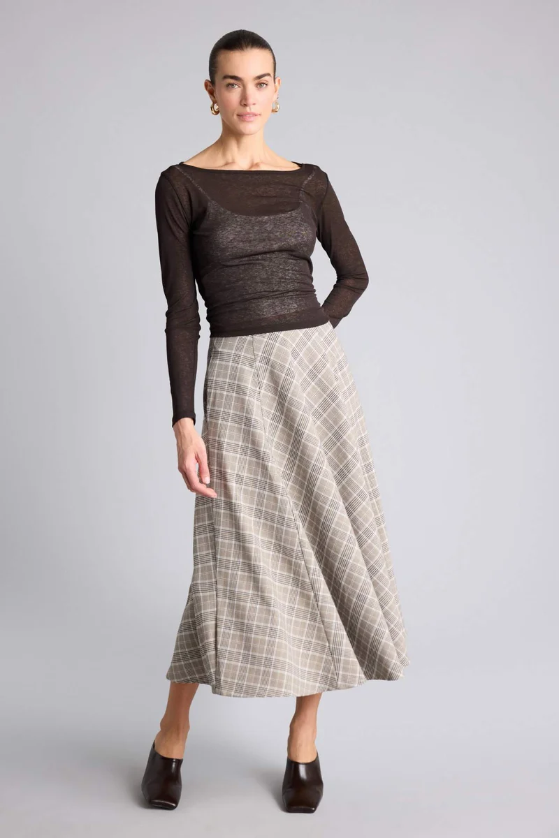 ديفاكتو A Cut Plaid Normal Waist Midi Skirt