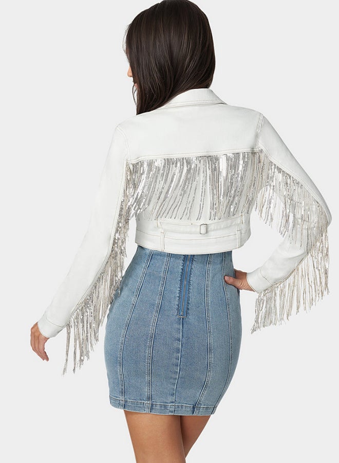 bebe Sequin Fringe Denim Jacket  - Image 4