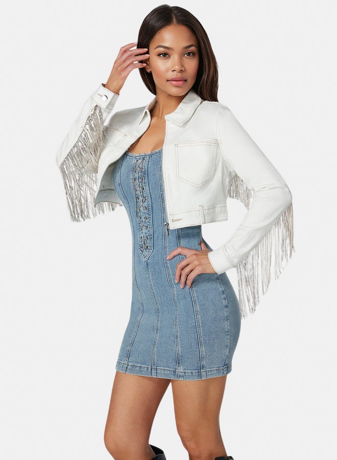 bebe Sequin Fringe Denim Jacket  - Image 1