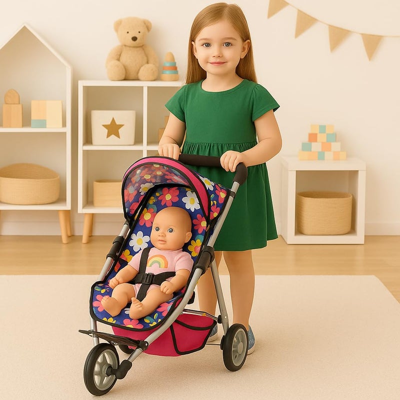 fash n kolorÂ® Baby Doll Stroller Gift for Kids, Toy Doll Stroller with Adjustable Canopy & Storage Basket Push Pram Baby Stroller for Dolls - Foldable Doll Stroller for Pretend Play Dolls Accessories - Image 2