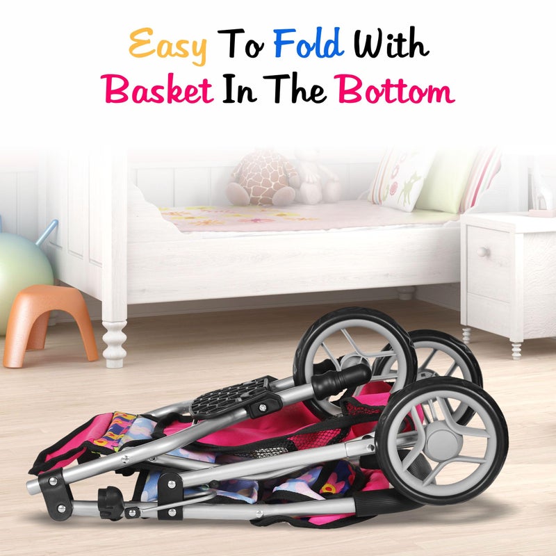 fash n kolorÂ® Baby Doll Stroller Gift for Kids, Toy Doll Stroller with Adjustable Canopy & Storage Basket Push Pram Baby Stroller for Dolls - Foldable Doll Stroller for Pretend Play Dolls Accessories - Image 4