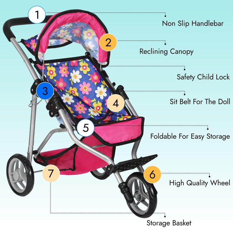 fash n kolorÂ® Baby Doll Stroller Gift for Kids, Toy Doll Stroller with Adjustable Canopy & Storage Basket Push Pram Baby Stroller for Dolls - Foldable Doll Stroller for Pretend Play Dolls Accessories - Image 3
