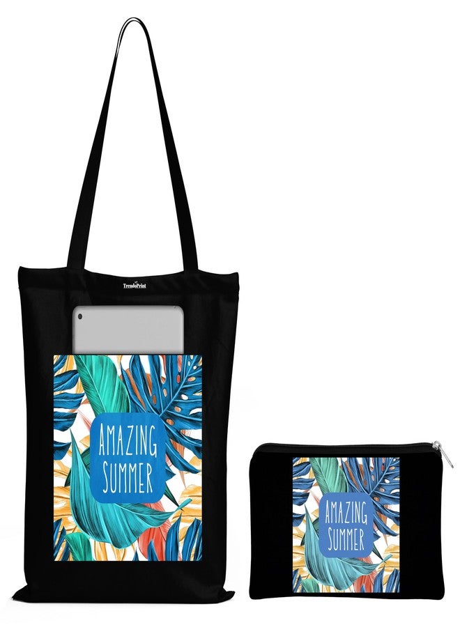 TrendoPrint Eco-Friendly Printed Black Tote Bag 14 x 16 inch with Makeup Pouch for College, Shopping and Travelling (TB06) - Image 1