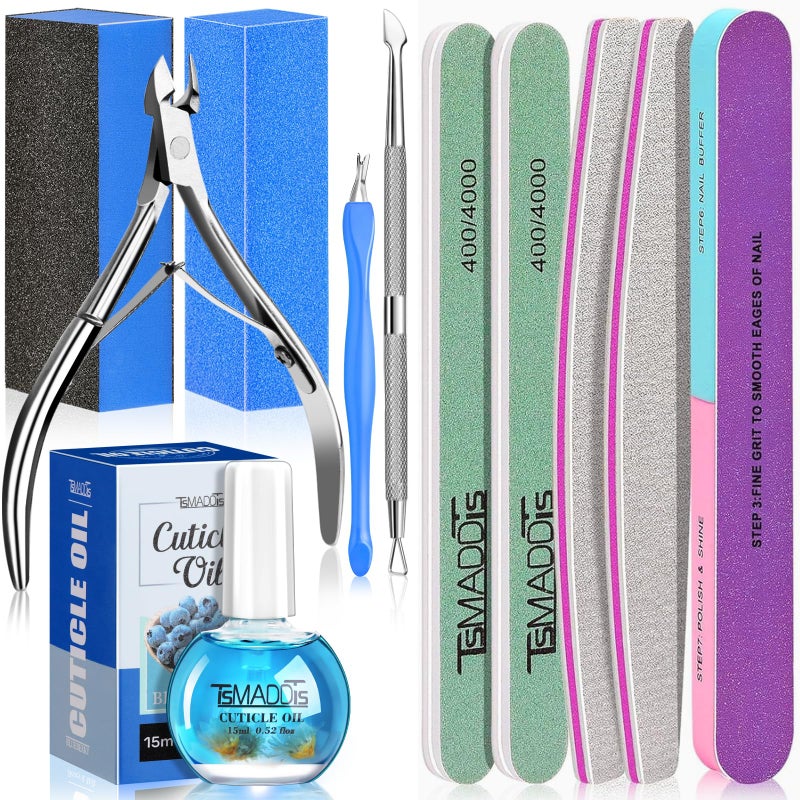 TsMADDTs Nail Manicure Kit with 3 Nail Files, 2 Buffer Blocks, Cuticle Tool with Trimmer, Pusher and Cuticle Oil for Women Nail Care - Image 1
