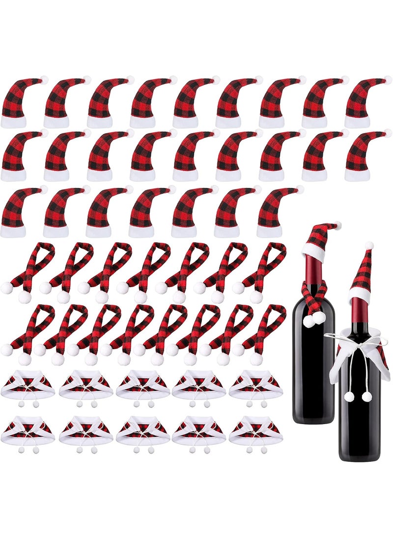 Nuenen 50 Pieces Christmas Wine Bottle Ornaments Set Include 25 Xmas Mini Buffalo Plaid Wine Bottle Topper Cover Santa Hat and 15 Mini Checked Scarf and 10 Pompom Capelet for Christmas Party Wine Decoration  - Image 1