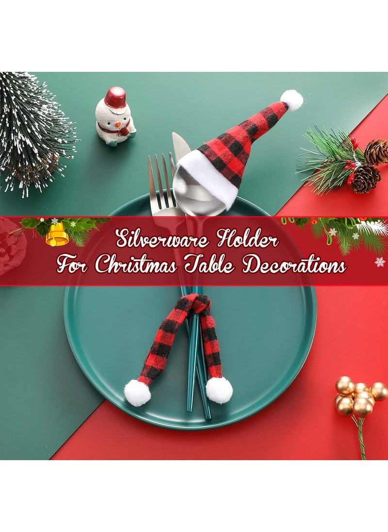 Nuenen 50 Pieces Christmas Wine Bottle Ornaments Set Include 25 Xmas Mini Buffalo Plaid Wine Bottle Topper Cover Santa Hat and 15 Mini Checked Scarf and 10 Pompom Capelet for Christmas Party Wine Decoration  - Image 4
