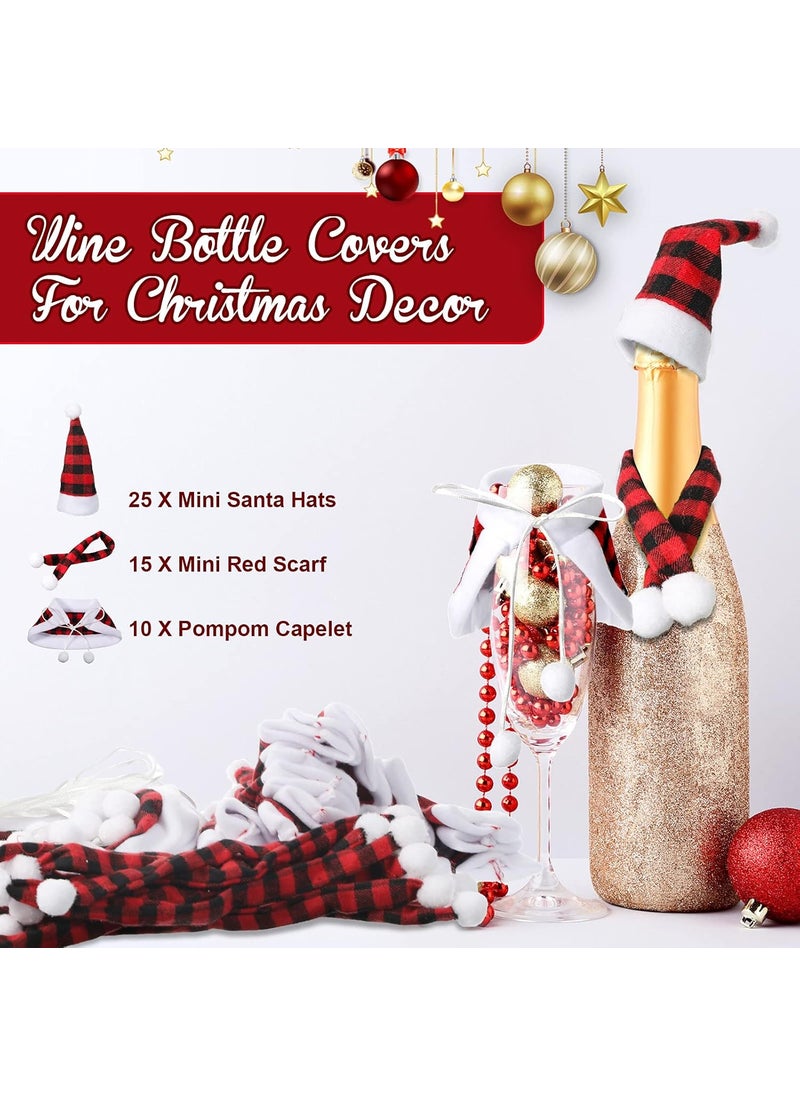 Nuenen 50 Pieces Christmas Wine Bottle Ornaments Set Include 25 Xmas Mini Buffalo Plaid Wine Bottle Topper Cover Santa Hat and 15 Mini Checked Scarf and 10 Pompom Capelet for Christmas Party Wine Decoration  - Image 3