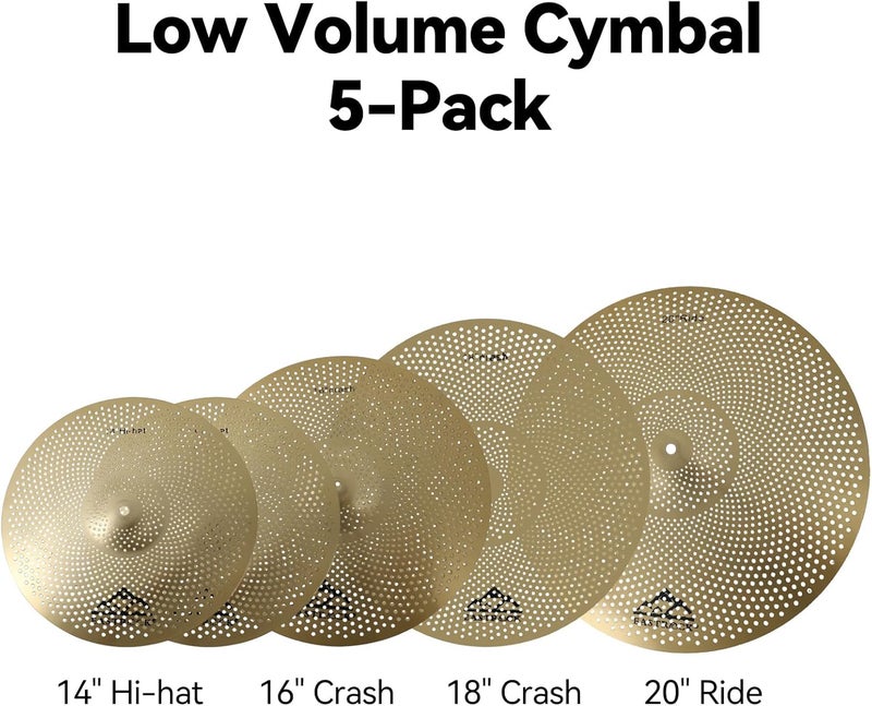 EASTROCK 5 Pieces Low Volume Cymbal Pack with Cymbal Bag and Felts, Golden | Includes 14" Hi-hat, 16" Crash, 18" Crash, 20" Ride - Image 2