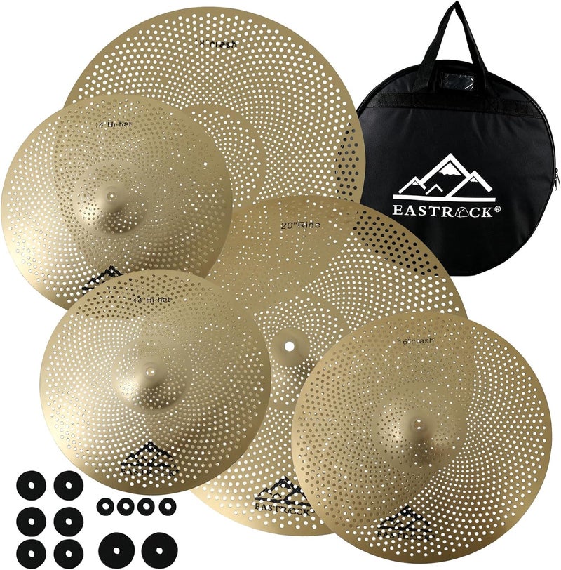 EASTROCK 5 Pieces Low Volume Cymbal Pack with Cymbal Bag and Felts, Golden | Includes 14" Hi-hat, 16" Crash, 18" Crash, 20" Ride - Image 1