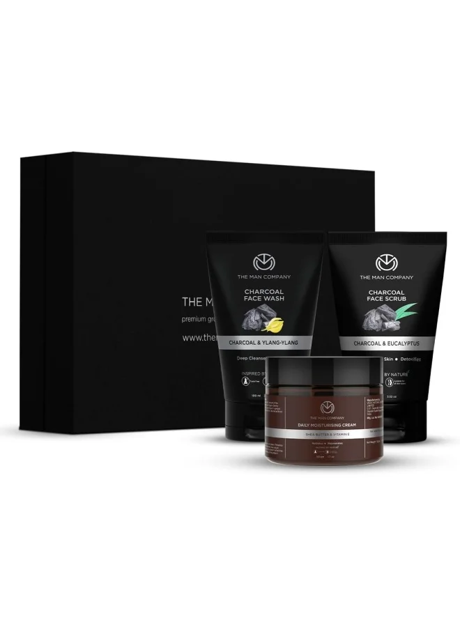 ذا مان كومباني مجموعة تنظيف وترطيب بالفحم - غسول وجه + مقشر + كريم مرطب -  قطع | صنع في الهند
