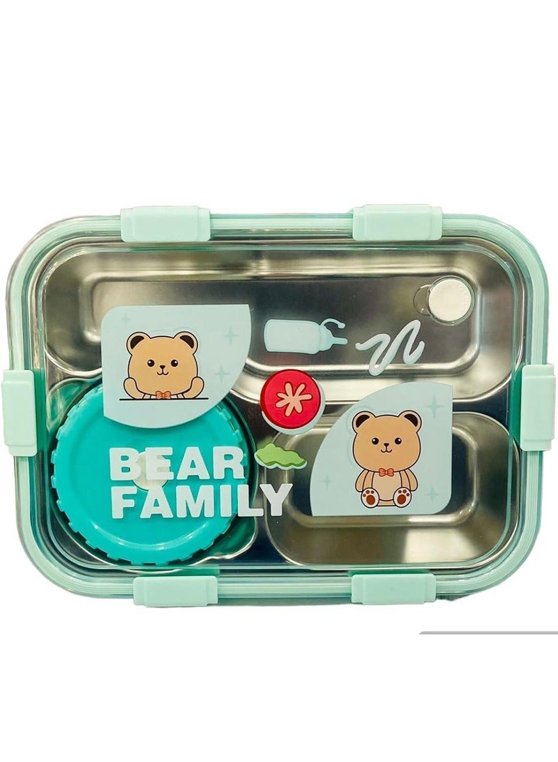 Laxon Laxon 7089 Bear Family stainless steel lunch box 700ml 3 Compartment with spoon - Mint green - Image 1
