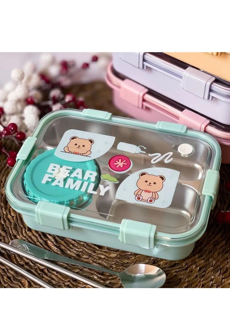 Laxon Laxon 7089 Bear Family stainless steel lunch box 700ml 3 Compartment with spoon - Mint green - Image 4