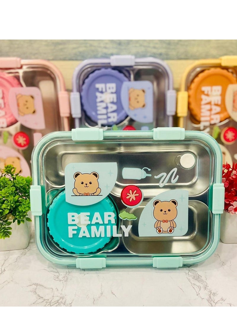Laxon Laxon 7089 Bear Family stainless steel lunch box 700ml 3 Compartment with spoon - Mint green - Image 2