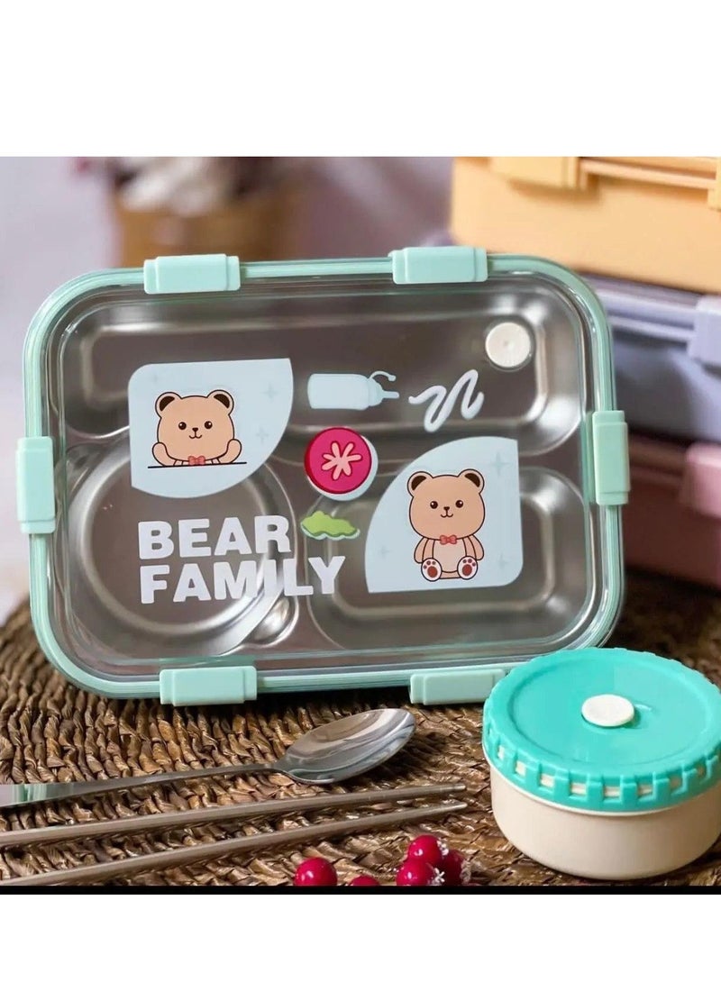 Laxon Laxon 7089 Bear Family stainless steel lunch box 700ml 3 Compartment with spoon - Mint green - Image 3