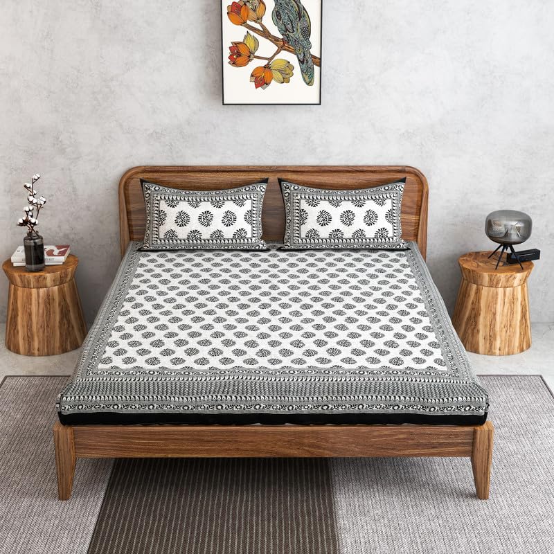 Furnofy 100% Cotton Traditional Jaipuri Print King Size Bedsheet (90x108 Inches) with 2 Matching Pillow Covers – Flat, Black Keri - Image 1