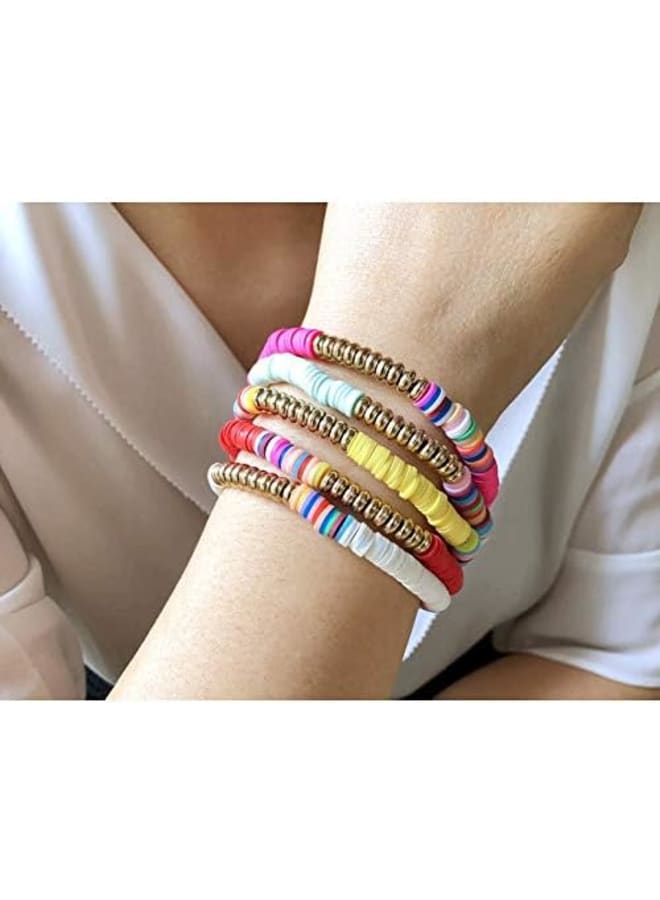 Florideco 10-12 Pcs Heishi Bracelet Clay Disc Bracelet for Women Rainbow Polymer Clay Fruit Flower Beaded Bracelet Stackable Surfer Stretch Cord Bracelets Summer Beach Jewelry - Image 4