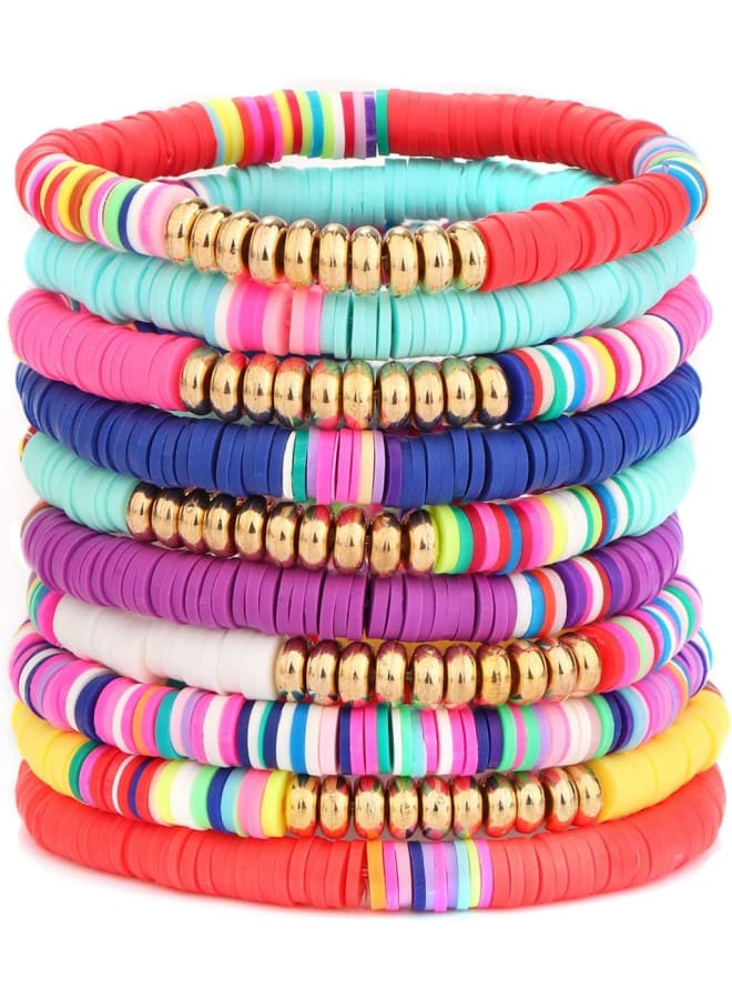 Florideco 10-12 Pcs Heishi Bracelet Clay Disc Bracelet for Women Rainbow Polymer Clay Fruit Flower Beaded Bracelet Stackable Surfer Stretch Cord Bracelets Summer Beach Jewelry - Image 1