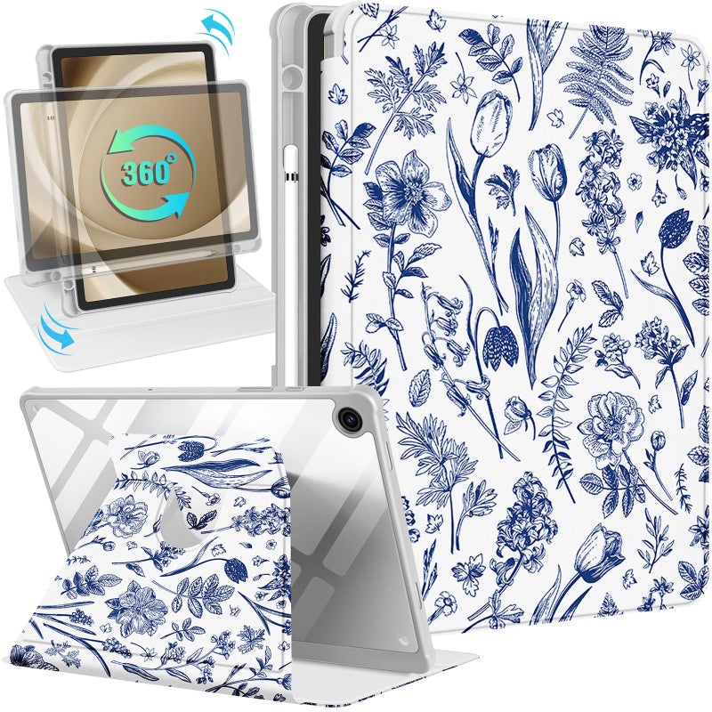 Kidcube for Samsung Galaxy Tab A9 Plus Case 11 Inch for Women Girls Cute Folio Cover with Pencil Holder Floral Flower Pretty Girly Design Rotating Stand for Tab A9+ Plus Tablet Case SM-X210/X216/X218 - Image 1