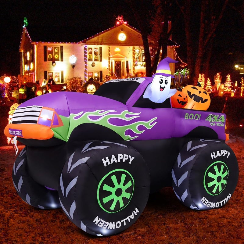 GOOSH 8 FT Long Halloween Inflatables Monster Truck Outdoor Decorations Blow Up Yard Cute Ghost with Pumpkin on Truck Car with Builtin LEDs for Garden Lawn Indoor Party Decor