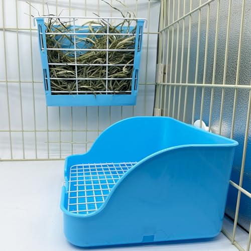 WEWAYKGJ Rabbit Litter Box Bunny Potty Box Guinea Pig Hay Rack Feeder Rabbits Corner Litter Pan Potty Trainer Pet Toilet with Cleaning Set for Hamster, Guinea Pig, Ferret and Other Animals (Blue) - Image 5