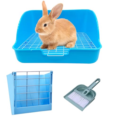 WEWAYKGJ Rabbit Litter Box Bunny Potty Box Guinea Pig Hay Rack Feeder Rabbits Corner Litter Pan Potty Trainer Pet Toilet with Cleaning Set for Hamster, Guinea Pig, Ferret and Other Animals (Blue) - Image 1