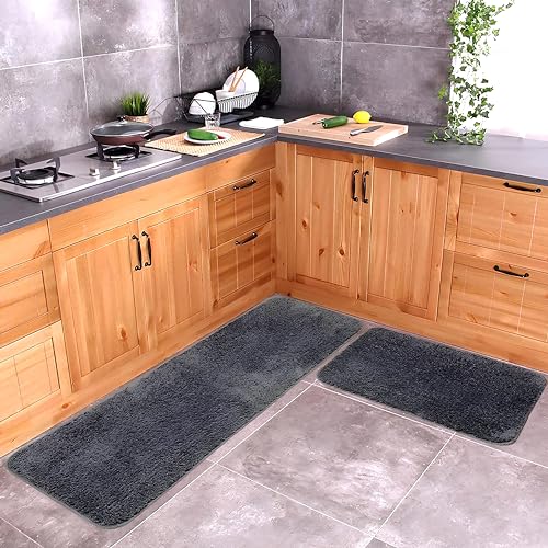 SKIVE Microfiber Kitchen Mat Super Soft 1 Runner 1 mat with Anti Skid Backing, Grey (40 x 120 & 40 x 60 cm) Set of 2 - Image 1