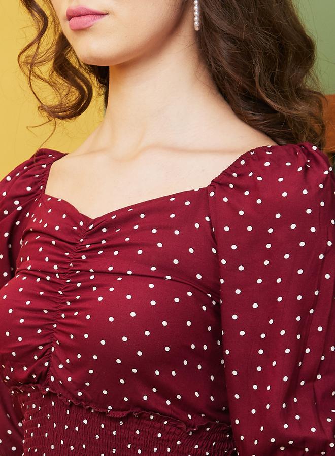 جلو باص بلوزة بياقة قلب بطبعة منقطة - Image 4