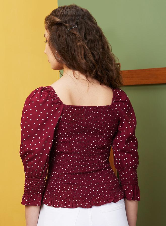 جلو باص بلوزة بياقة قلب بطبعة منقطة - Image 3