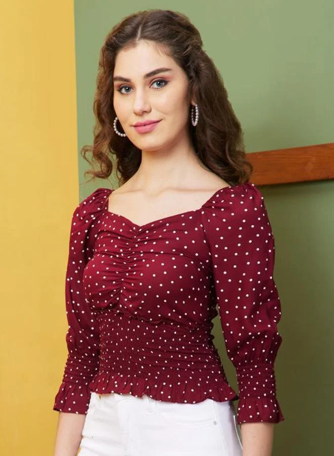 globus Women Maroon Polka Dots Sweetheart Neck Top