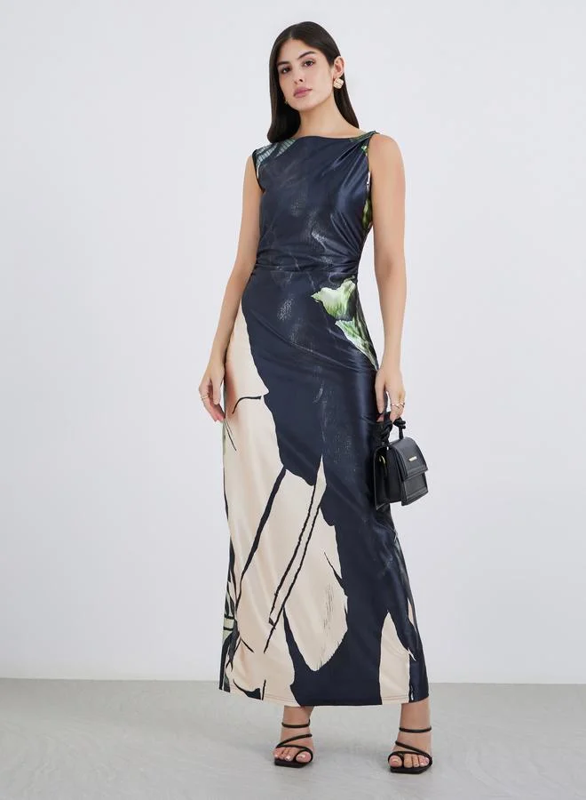 ستايلي Styli Asymmetric Neck Printed Maxi Dress