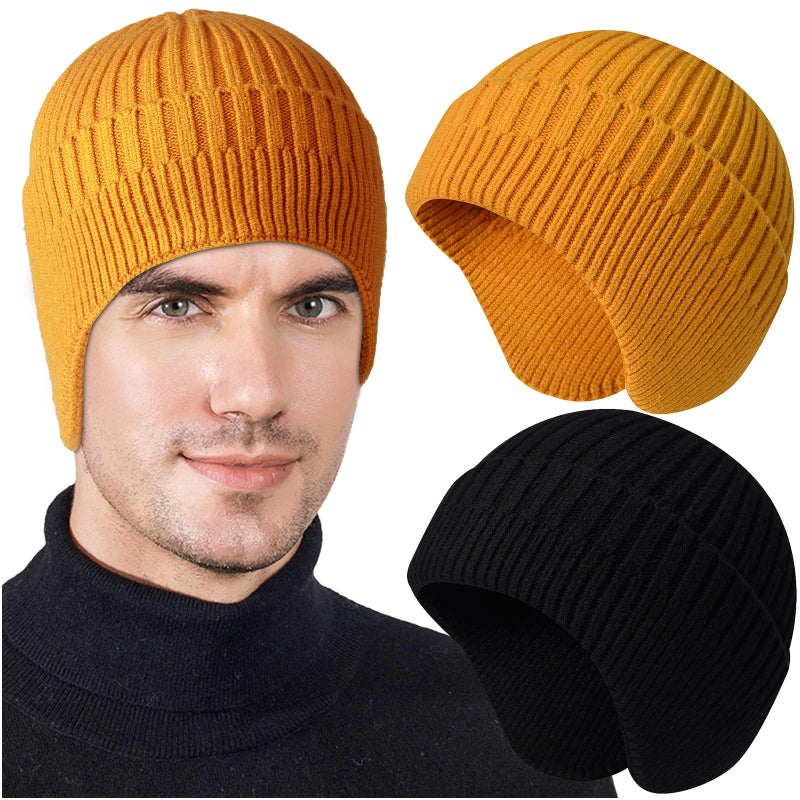 Heniho 2pcs Winter Beanies with Ear Flaps for Men Women, Warm Knit Earflaps Cap Thick Hats, E - Image 1