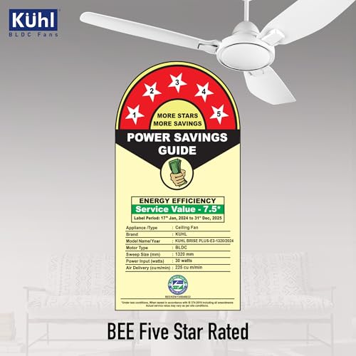 KUHL Brise Star E5 Duo 1320 MM 65% Power Saving BLDC Ceiling Fan | BEE 5 Star Rated & ISI Marked | High Air Flow | Low Noise | 5 Year Warranty on Motor | Remote & Regulator Operated | White - Image 5