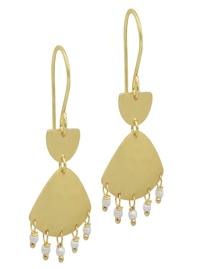 La Vita Jewels Gold Tone Fan Dangle Earrings with White Pearl Fringe – Handmade Boho Drop Earrings for Women - Image 1