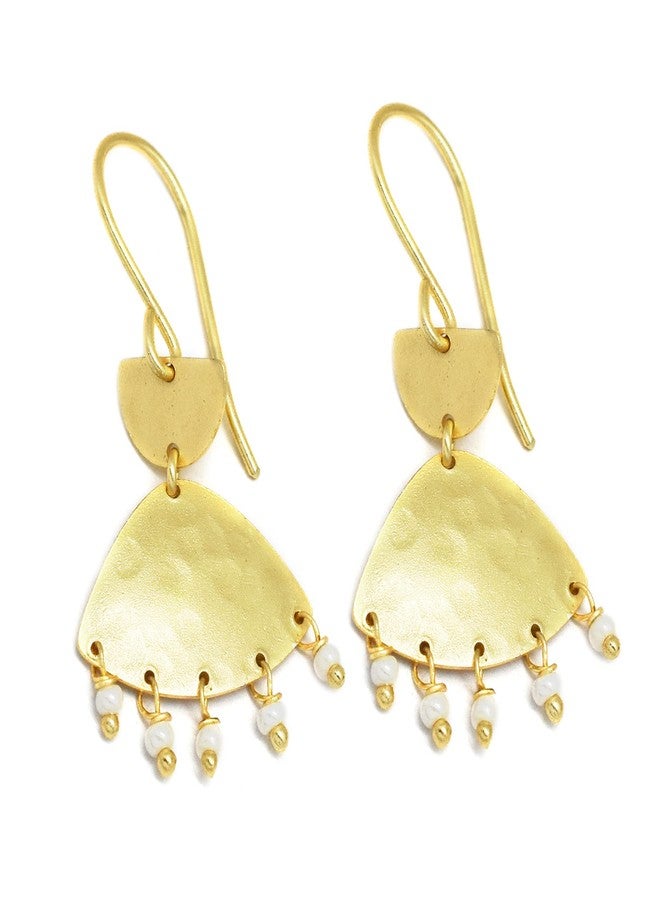 La Vita Jewels Gold Tone Fan Dangle Earrings with White Pearl Fringe – Handmade Boho Drop Earrings for Women - Image 5