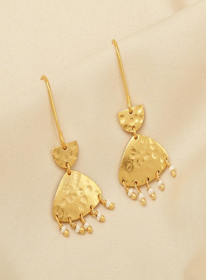 La Vita Jewels Gold Tone Fan Dangle Earrings with White Pearl Fringe – Handmade Boho Drop Earrings for Women - Image 2