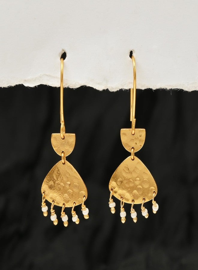 La Vita Jewels Gold Tone Fan Dangle Earrings with White Pearl Fringe – Handmade Boho Drop Earrings for Women - Image 4