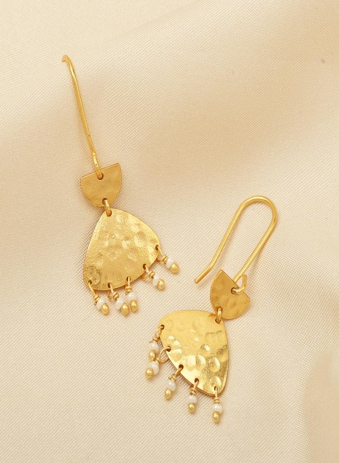 La Vita Jewels Gold Tone Fan Dangle Earrings with White Pearl Fringe – Handmade Boho Drop Earrings for Women - Image 3