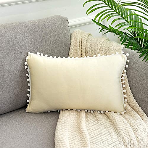 CottonFry Set of 2 Cushion Covers/Throw Pillow Covers Size 12"X18" Inches with Pom Poms, Soft Square Velvet Pillowcases Home Decor (Cream, Pack of 2) - Image 3