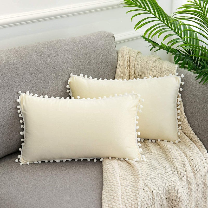 CottonFry Set of 2 Cushion Covers/Throw Pillow Covers Size 12"X18" Inches with Pom Poms, Soft Square Velvet Pillowcases Home Decor (Cream, Pack of 2) - Image 4