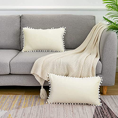 CottonFry Set of 2 Cushion Covers/Throw Pillow Covers Size 12"X18" Inches with Pom Poms, Soft Square Velvet Pillowcases Home Decor (Cream, Pack of 2) - Image 2