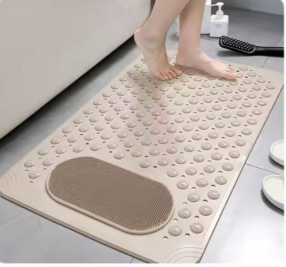 Home-Cloud Homecloud Anti Skid Mat for Bathroom Floor Shower mats for Bathroom Anti Slip with Foot Scrubber Bath mat Anti Slip with Suction Cups & Drain Holes (69x35 Cm) (Beige) - Image 1
