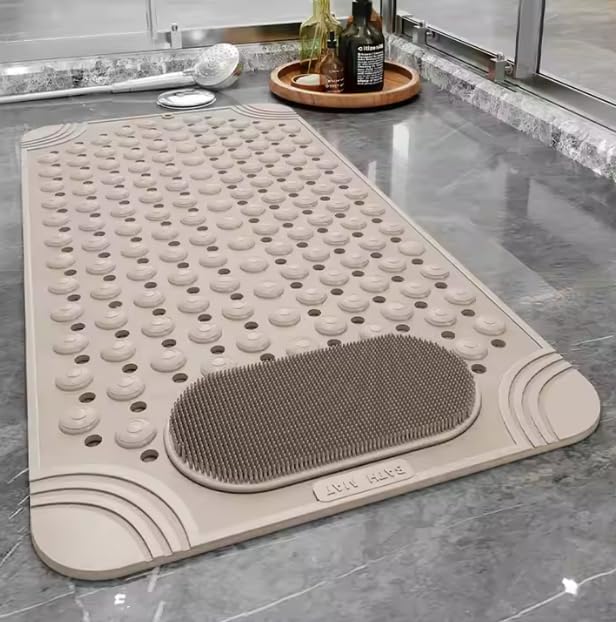 Home-Cloud Homecloud Anti Skid Mat for Bathroom Floor Shower mats for Bathroom Anti Slip with Foot Scrubber Bath mat Anti Slip with Suction Cups & Drain Holes (69x35 Cm) (Beige) - Image 2
