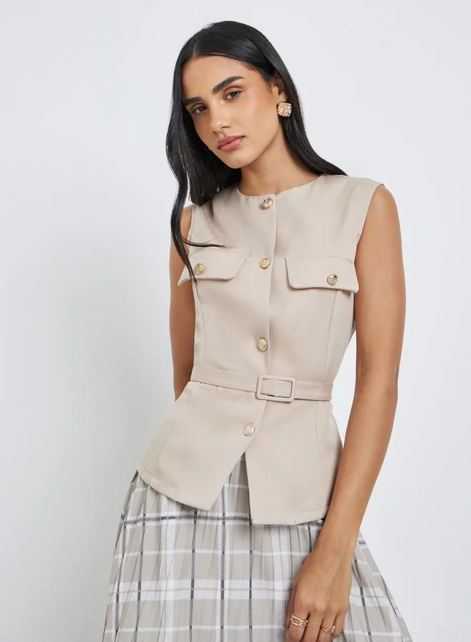 Styli Styli Sleeveless Round Neck Belted Waistcoat