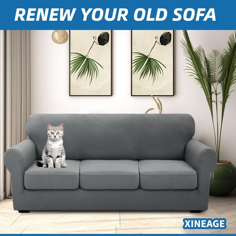 XINEAGE 2025 4-Piece Stretch Sofa Cover for 3 Cushion Couch - Light Gray - Image 3