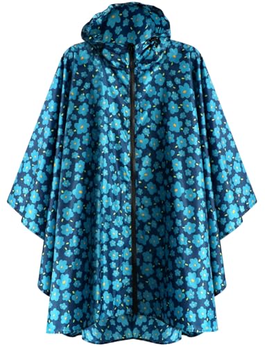 ANYOO Waterproof Rain Poncho Lightweight Reusable Hiking Hooded Coat Jacket for Outdoor Activities(Blue Flower) One Size - Image 1
